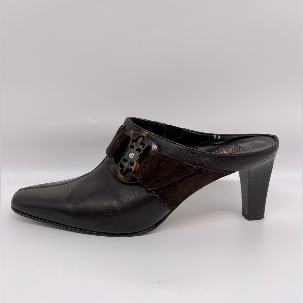 Brighton Rococo Made inโ Italy Dark Brown Leather Belted Mules Slip On Heels 8.5